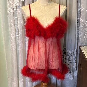 Vintage Fredericks of Hollywood Lingerie Red Feathers Sheer Babydoll One Size